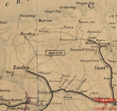 Ausschnitt aus der "Karte von Deutschland zur Übersicht der Eisenbahnen einschliesslich der projectirten Linien, der Gewässer und hauptsächlisten Strassen" (1873)